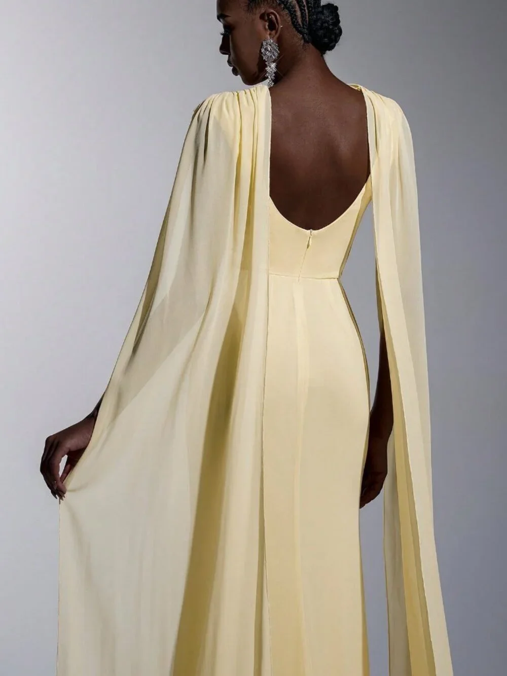 Yellow Elegant Women's Chiffon Ruffle Neck Fishtail Hem Formal Dress
